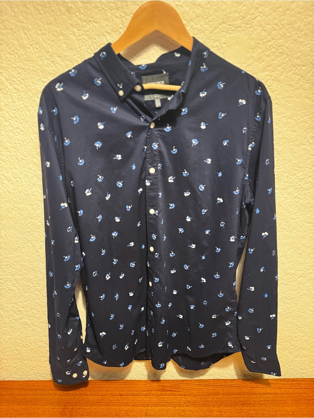 Bonobos Navy Button-Down Shirt with Light Blue Floral Motif